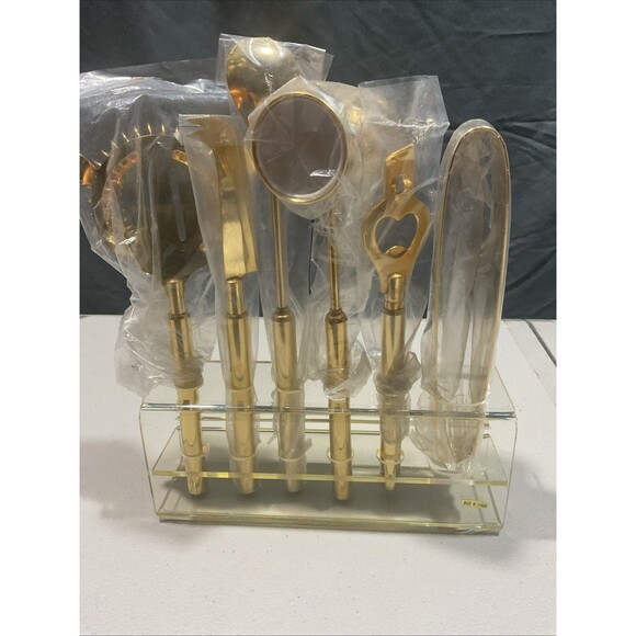 Vintage MCM Gold Tone Bar Set With Lucite Stand - Picture 3 of 4